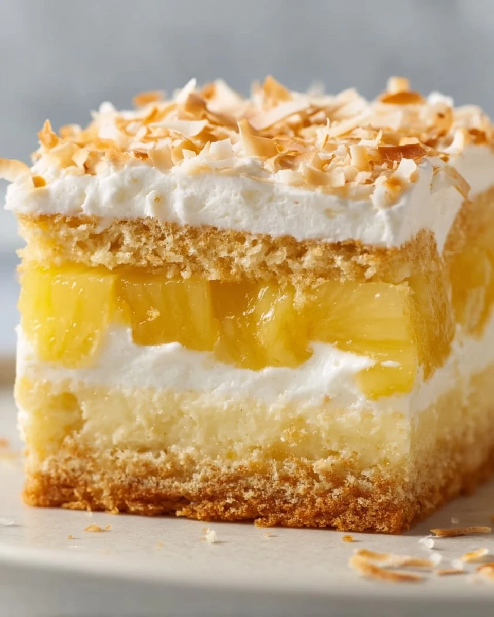 Pineapple Coconut Layered Dump Cake ready to serve with vibrant layers of flavor.