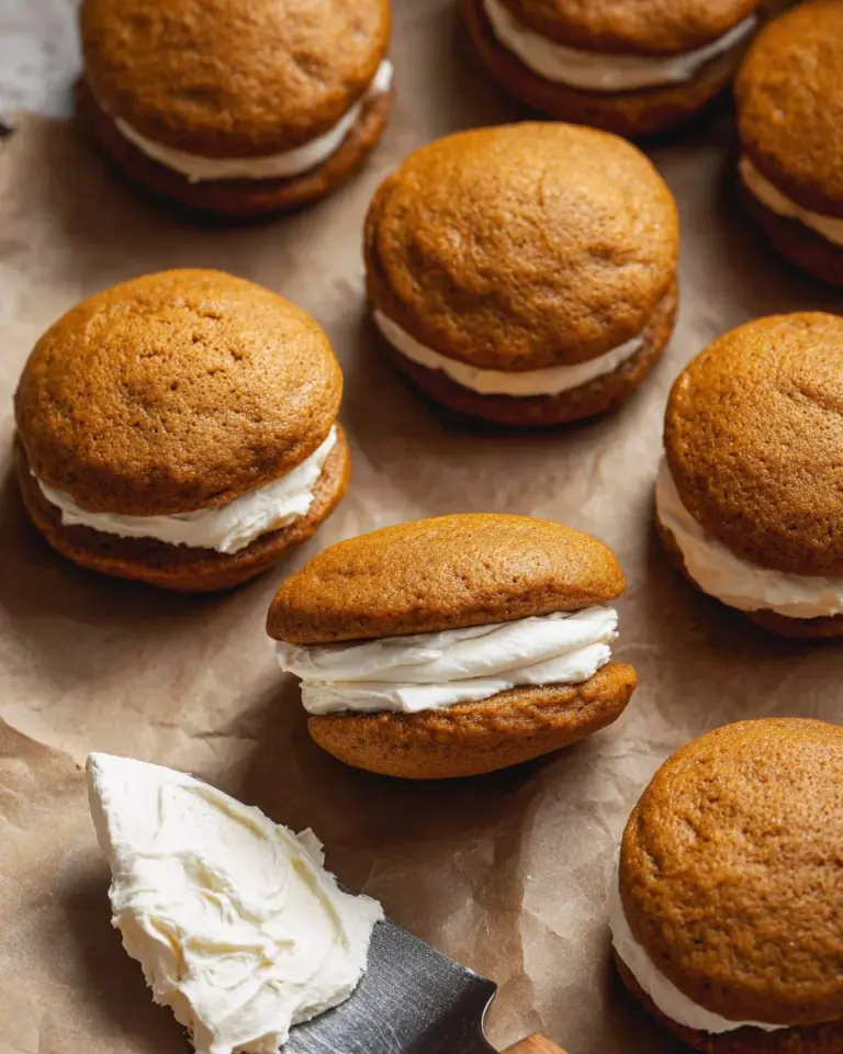Pumpkin sandwich cookies filled with brown butter buttercream frosting