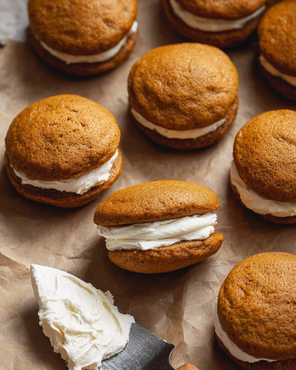 Pumpkin sandwich cookies filled with brown butter buttercream frosting