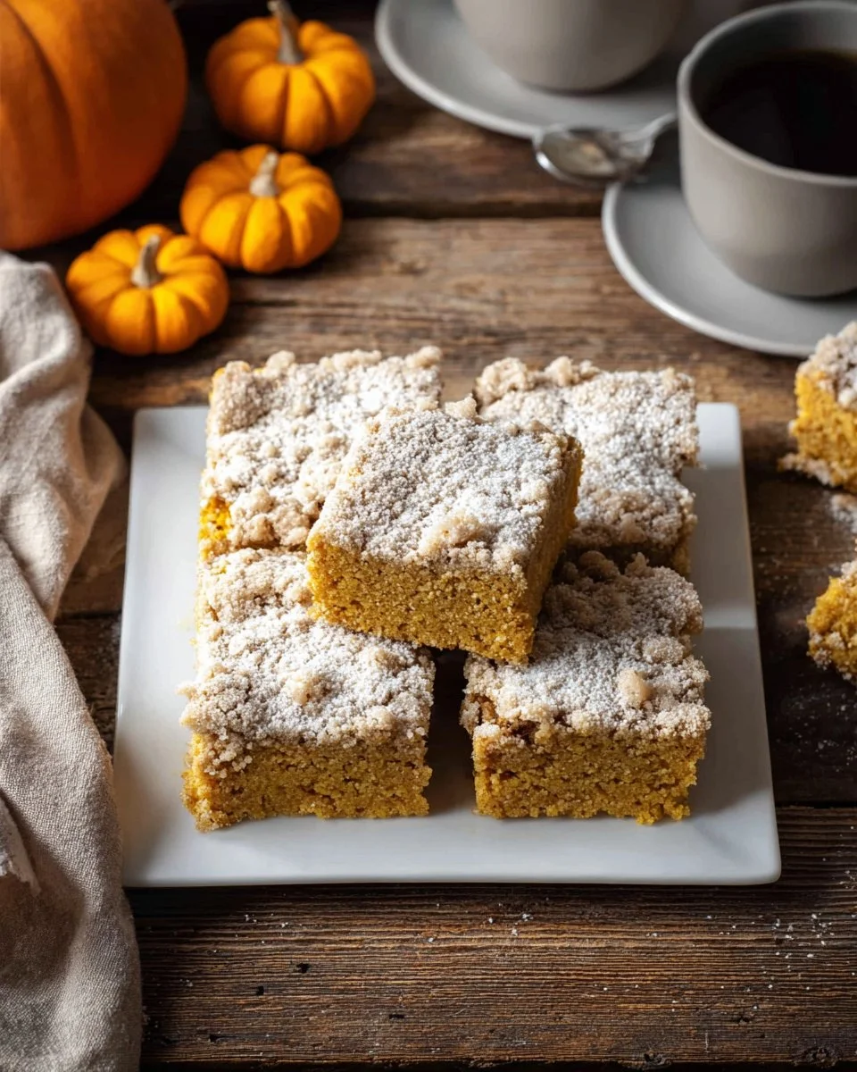 Slice of pumpkin spice coffee cake topped with cinnamon and whipped cream