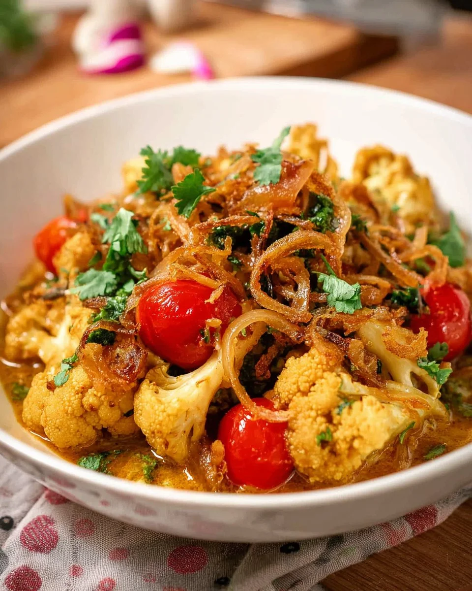 Quick cauliflower curry stir fry served in a bowl with colorful vegetables