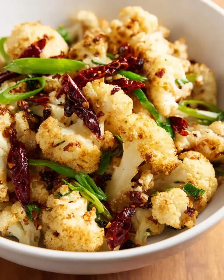Plate of roasted cauliflower seasoned with five spice blend, ready to serve.
