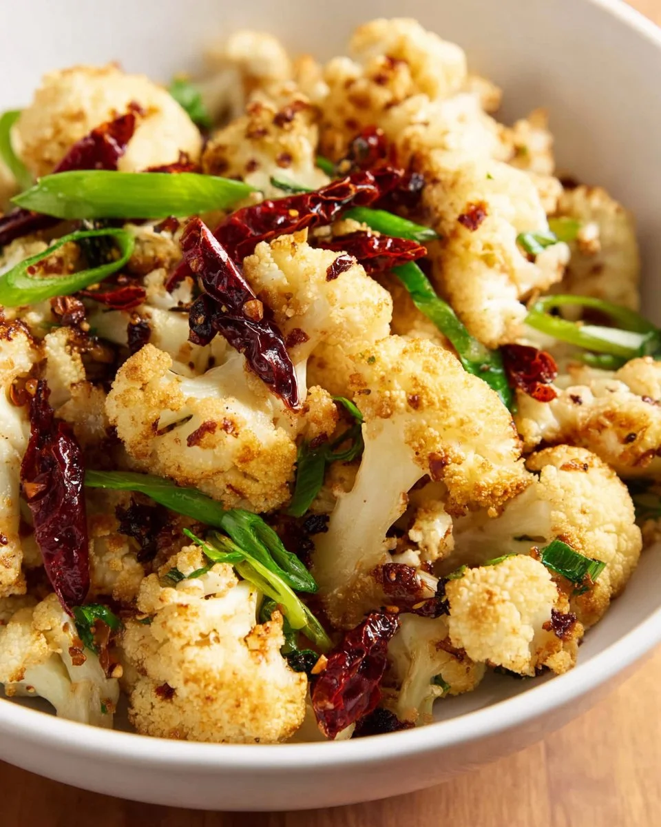 Plate of roasted cauliflower seasoned with five spice blend, ready to serve.