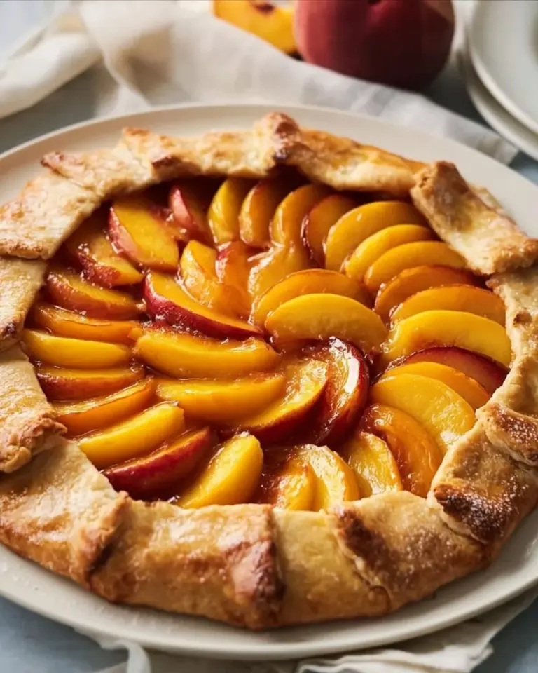 Rustic peach galette with fresh peaches and a flaky crust on a wooden table