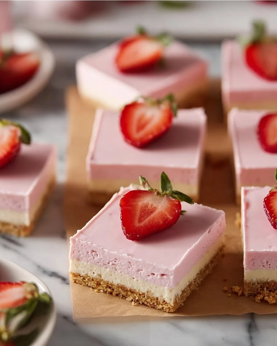Small batch strawberry mousse cheesecake bars with fresh strawberries on top