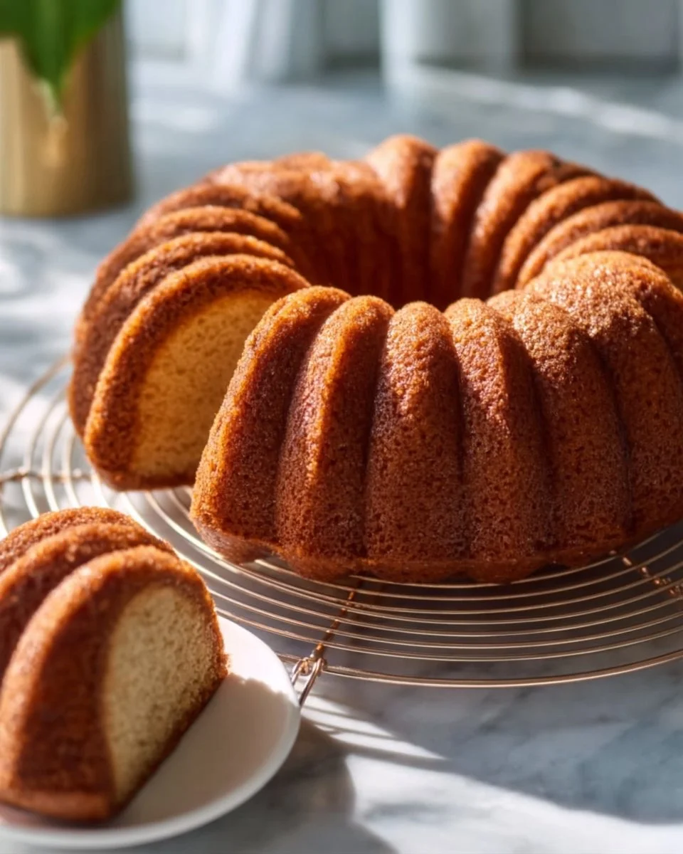 Delicious Snickerdoodle Bundt Cake topped with cinnamon and sugar.