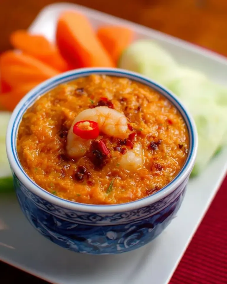 Bowl of spicy shrimp dip with fresh ingredients and chili flakes