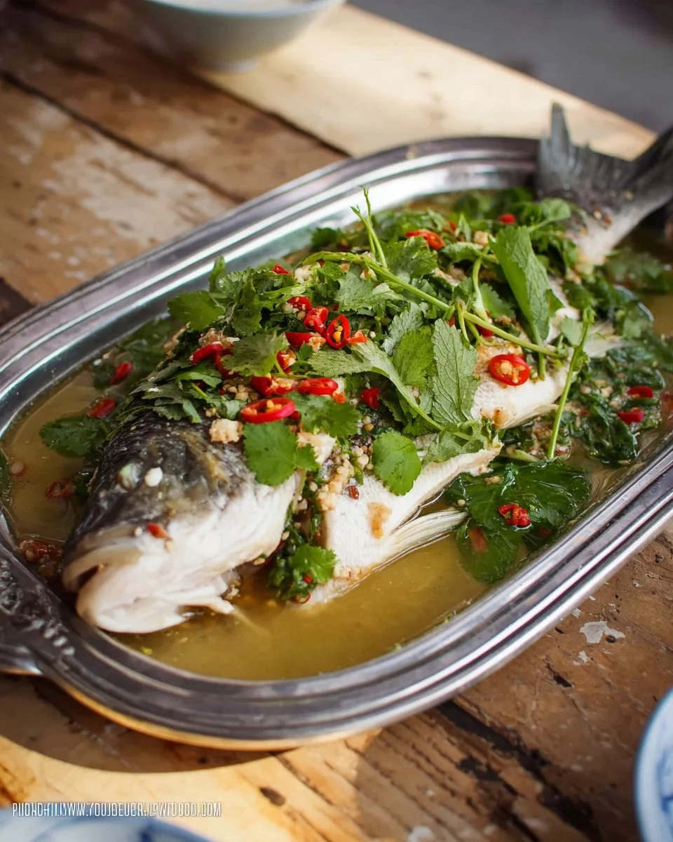 Steamed fish with lime garlic sauce served on a plate