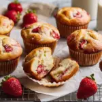 Freshly baked strawberry banana muffins on a wooden table.