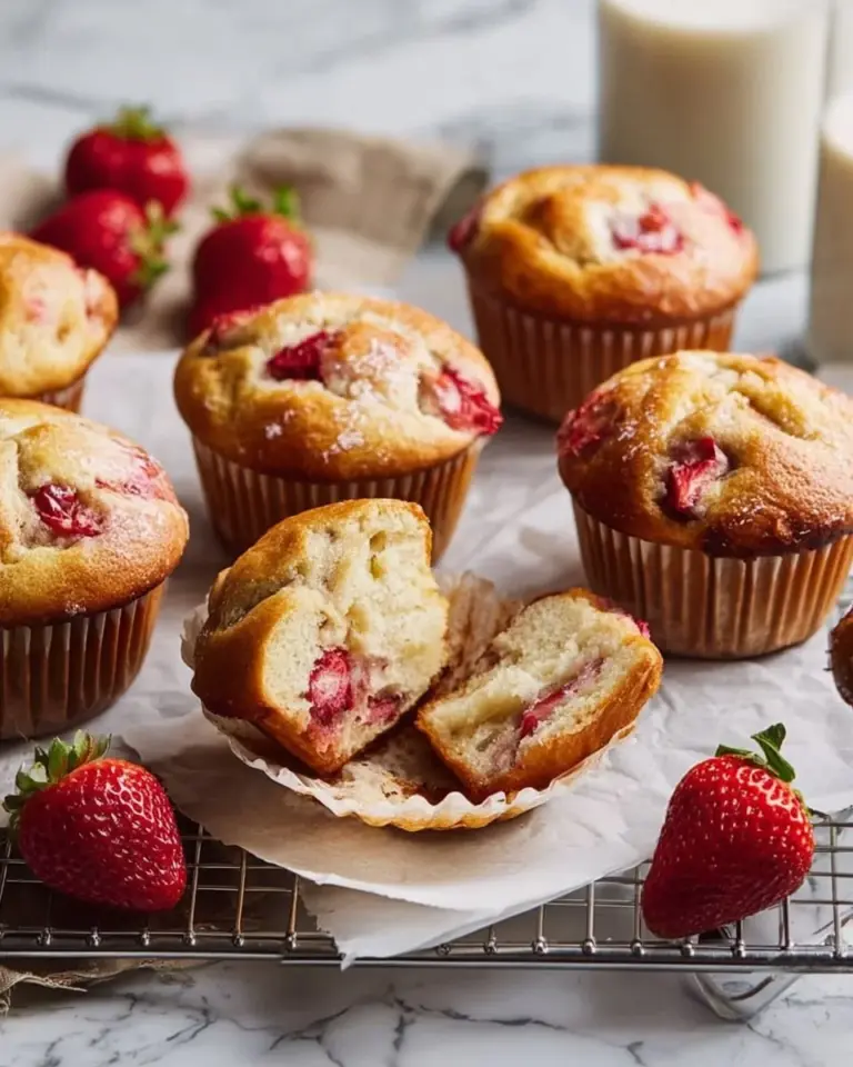 Freshly baked strawberry banana muffins on a wooden table.