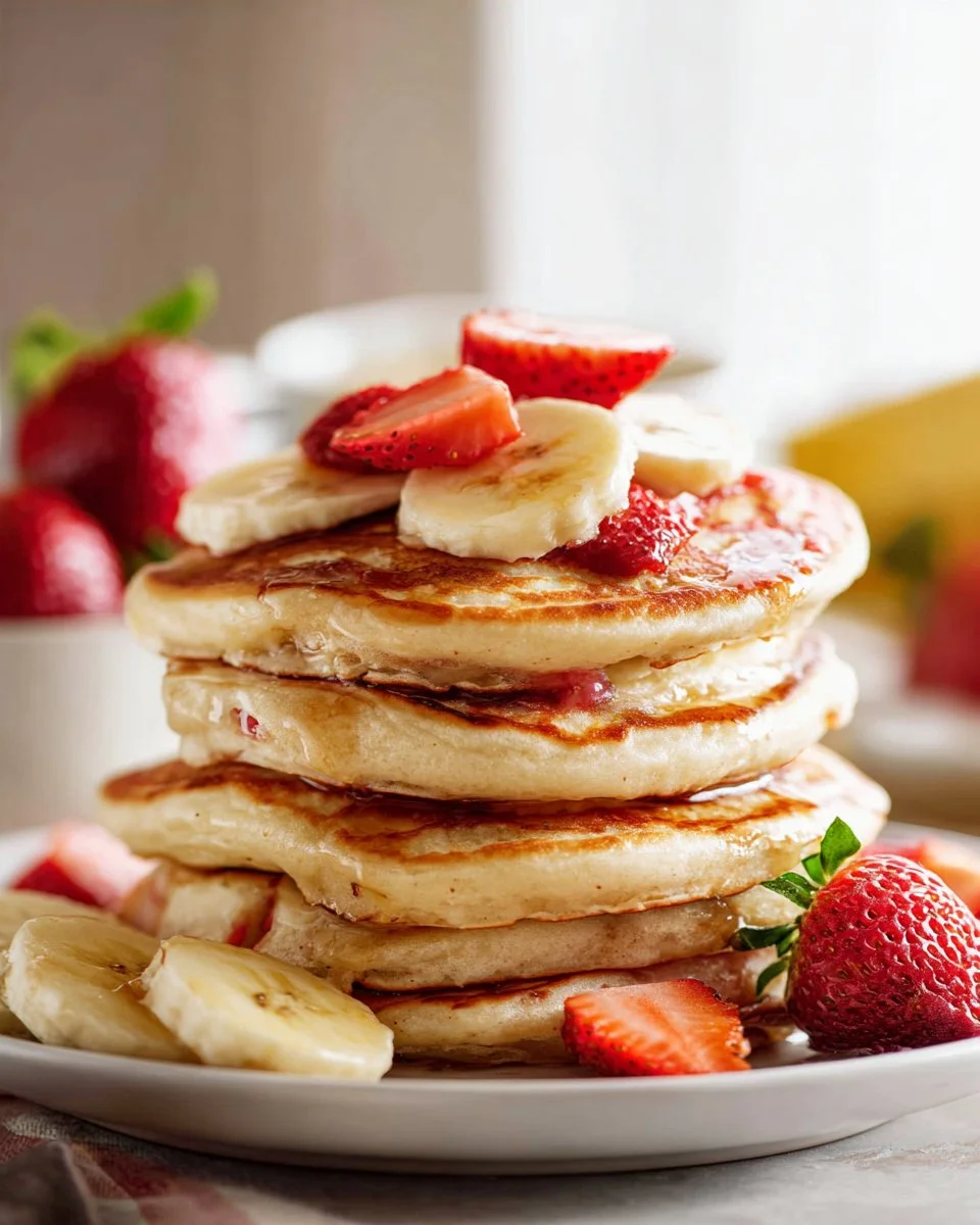 Delicious strawberry banana pancakes topped with fresh strawberries and syrup