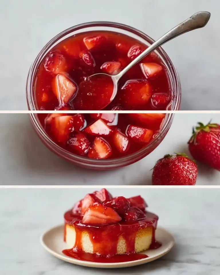 Homemade strawberry compote in a glass bowl with fresh strawberries