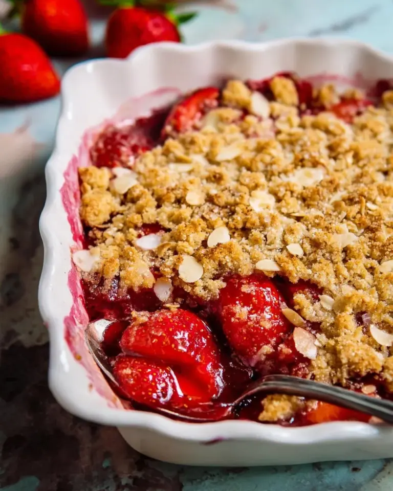 Freshly baked strawberry crisp served in a dish, topped with crunchy oats.
