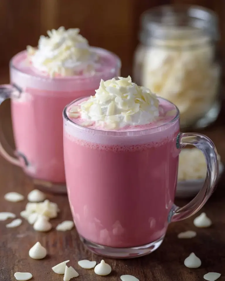 Delicious strawberry hot chocolate topped with whipped cream and fresh strawberries