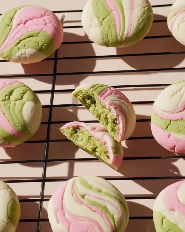 Strawberry matcha marble cookies fresh out of the oven on a cooling rack