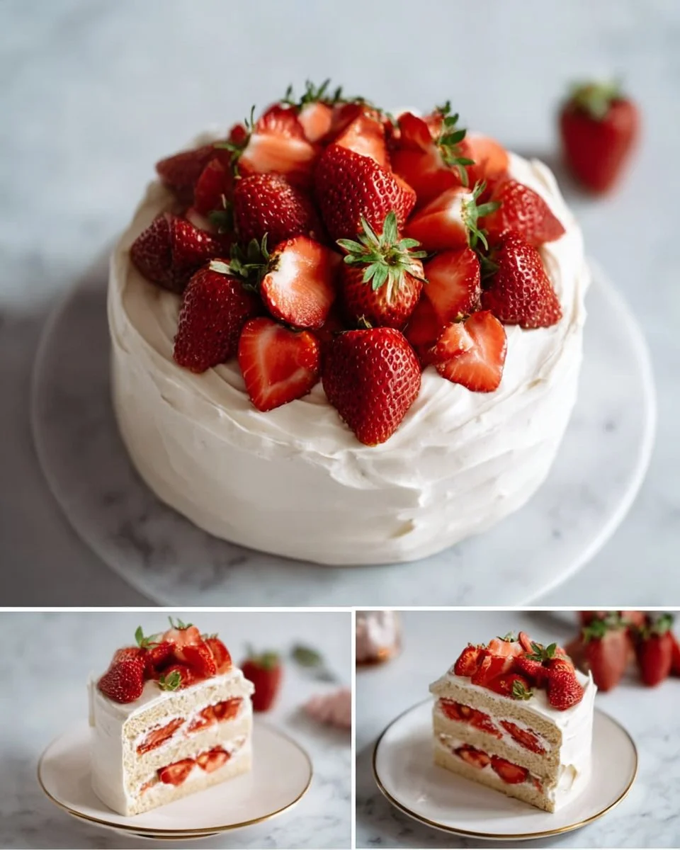 Delicious Strawberry Shortcake Cake topped with Mascarpone and fresh strawberries