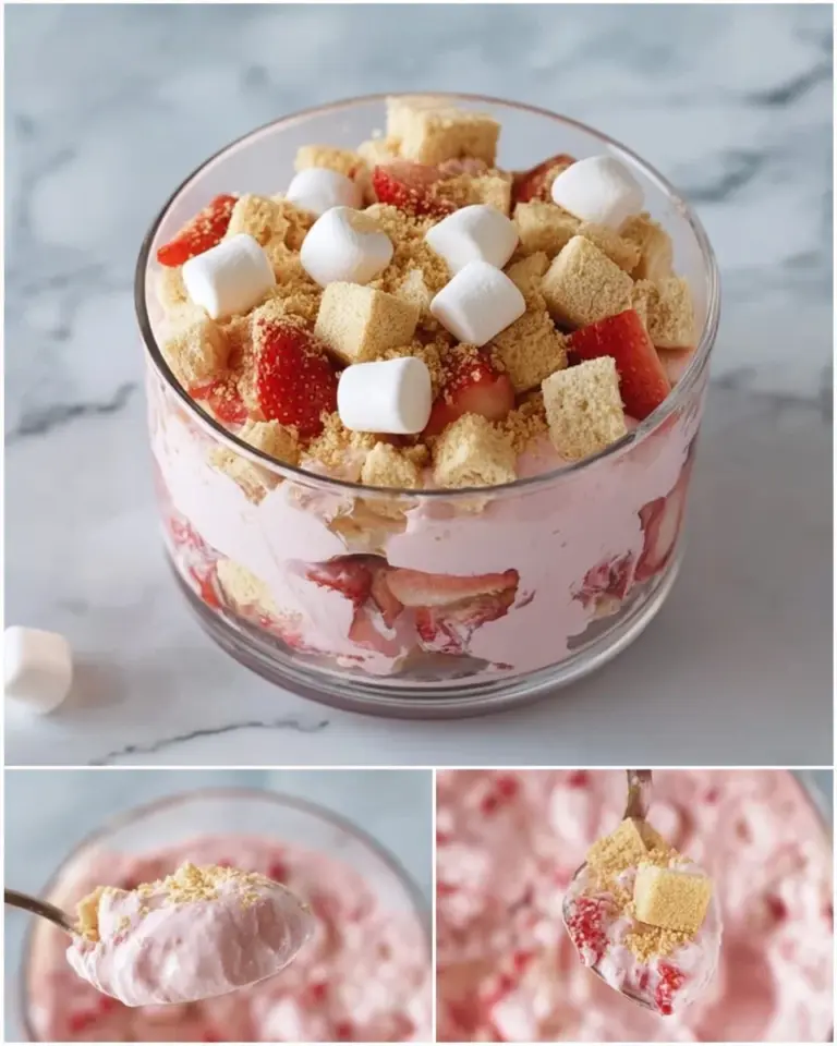 Delicious Strawberry Shortcake Fluff Salad made with fluffy whipped cream and fresh strawberries.