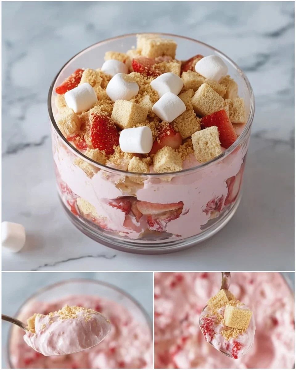 Delicious Strawberry Shortcake Fluff Salad made with fluffy whipped cream and fresh strawberries.