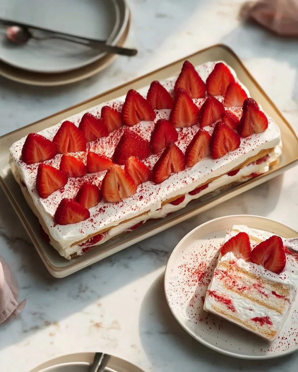 Delicious Strawberry Tiramisu served on a white plate with fresh strawberries on top.