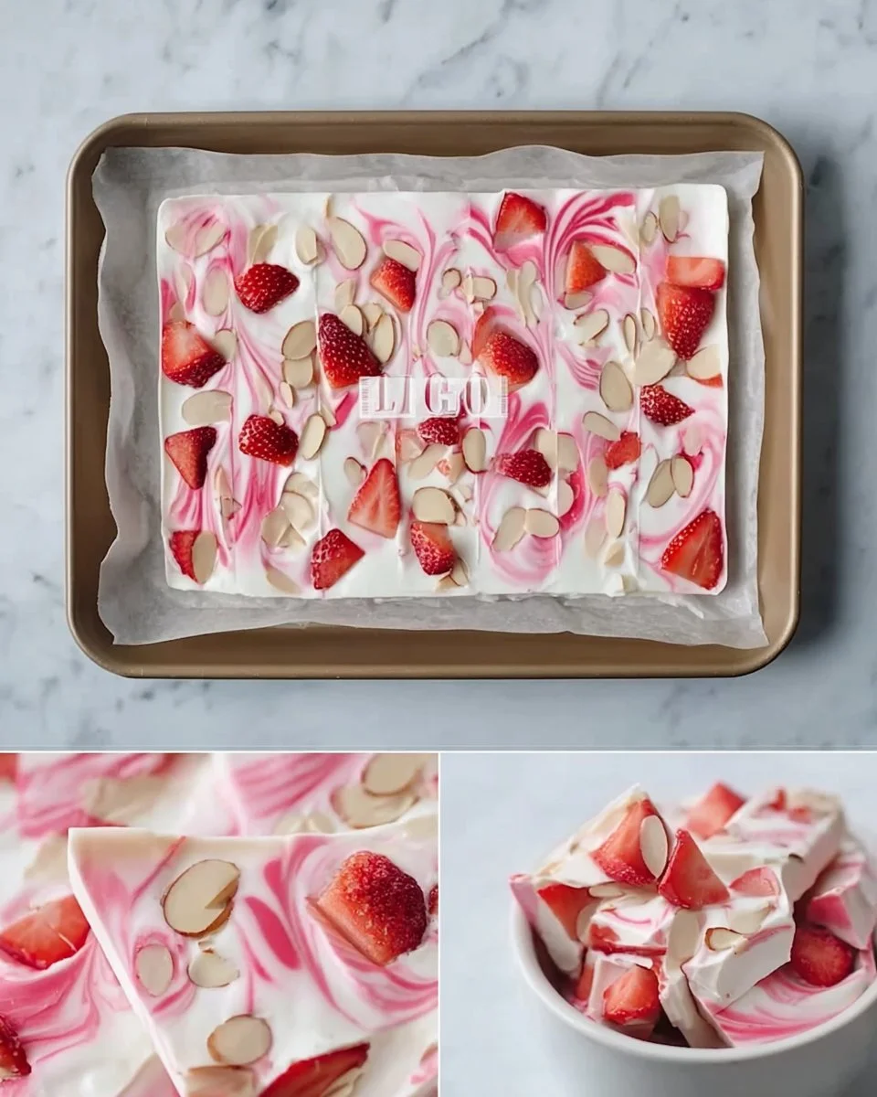 Delicious strawberry yogurt bark topped with fresh berries and nuts