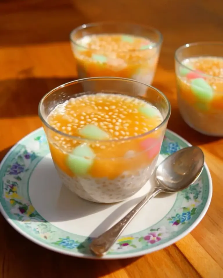 Deliciously served Tapioca Melon Dessert Soup in a bowl.