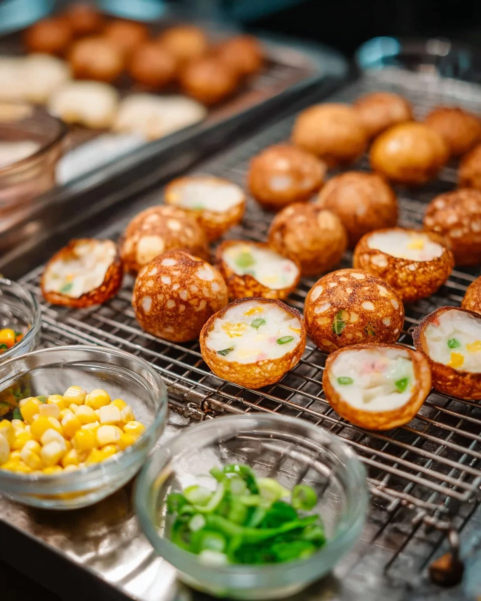 Delicious Thai coconut pancakes (Kanom Krok) garnished with coconut cream and toppings
