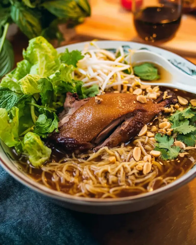 A bowl of Thai Duck Noodle Soup garnished with herbs and chili flakes.
