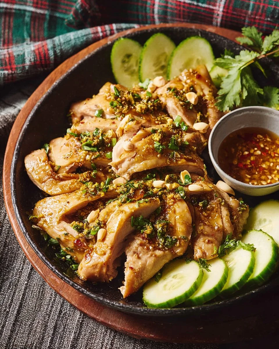 Plate of Thai Garlic Pepper Chicken garnished with herbs and served with rice