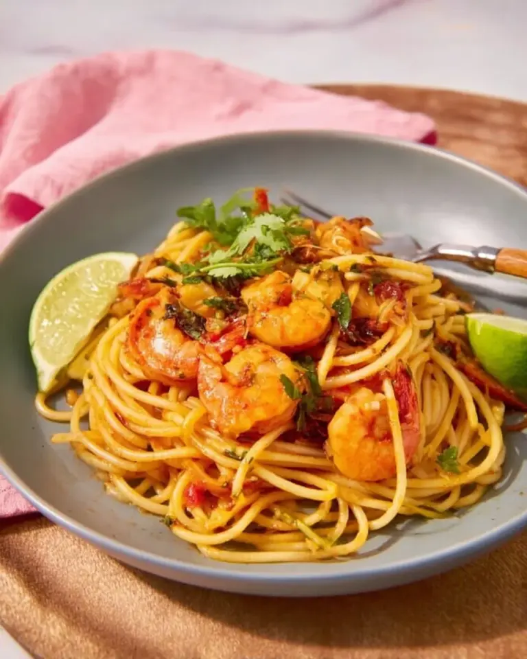 A plate of Tom Yum Spaghetti with shrimp, garnished with fresh herbs.
