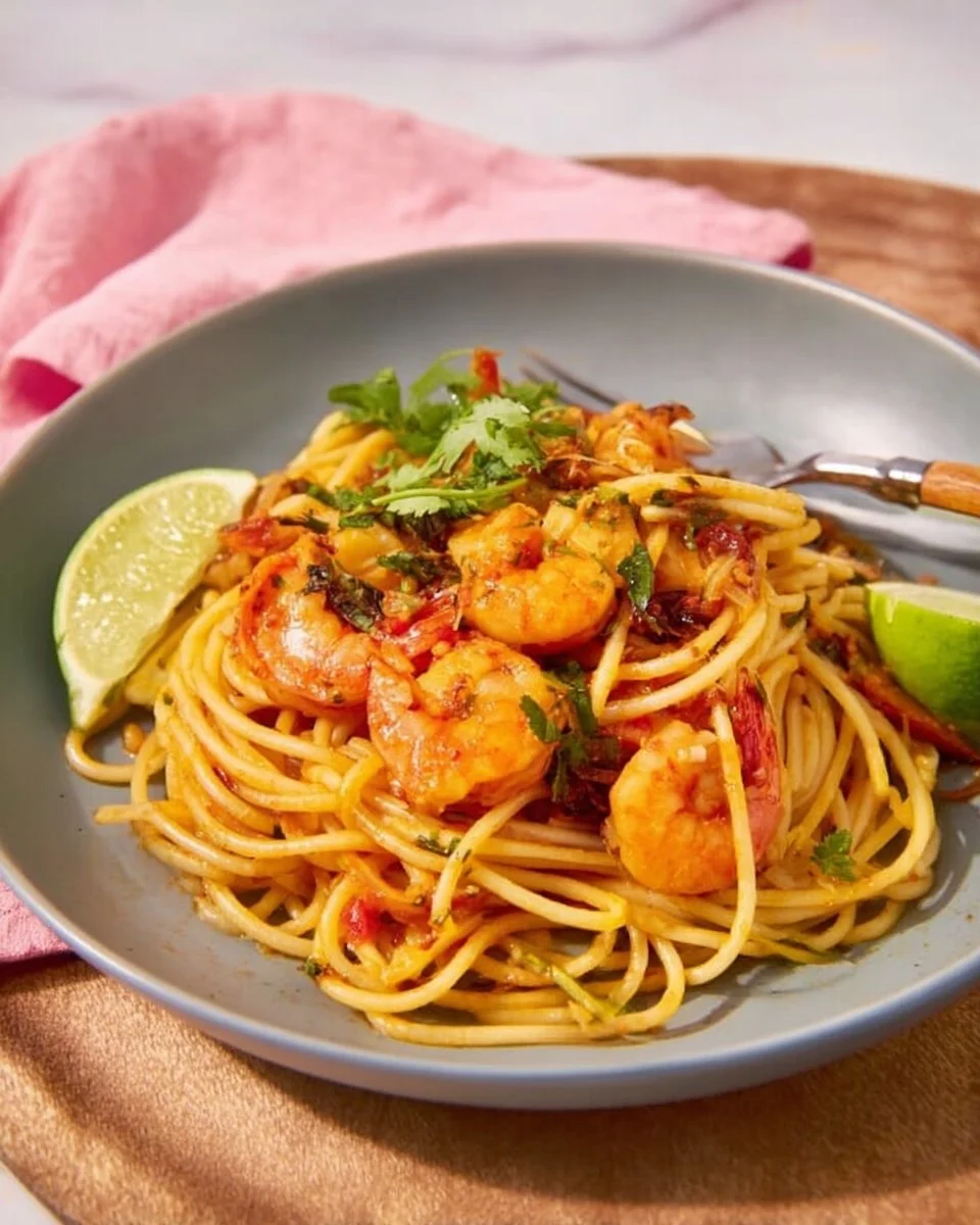 Tom Yum Spaghetti with Shrimp