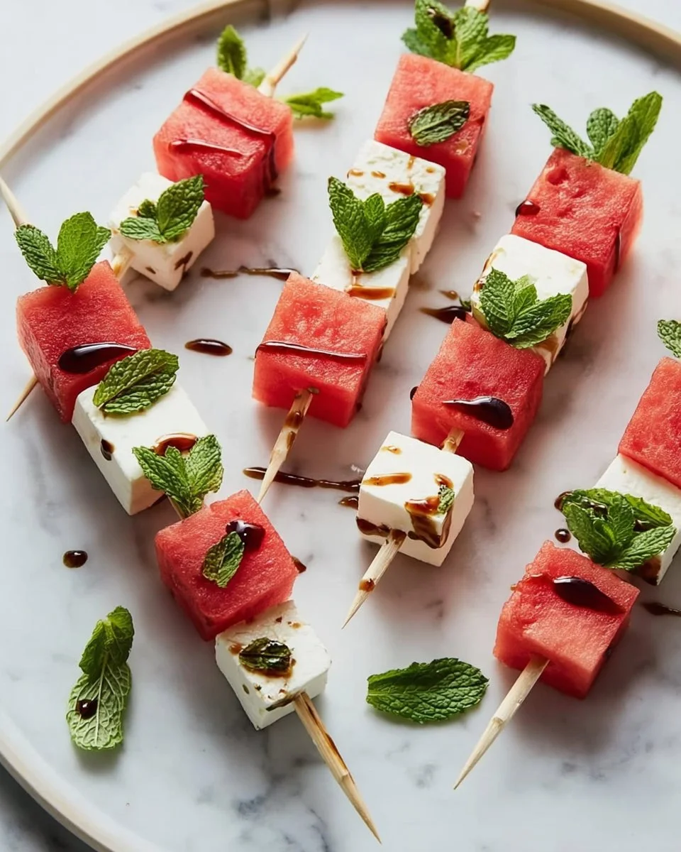 Watermelon feta mint skewers on a platter, perfect summer appetizer.