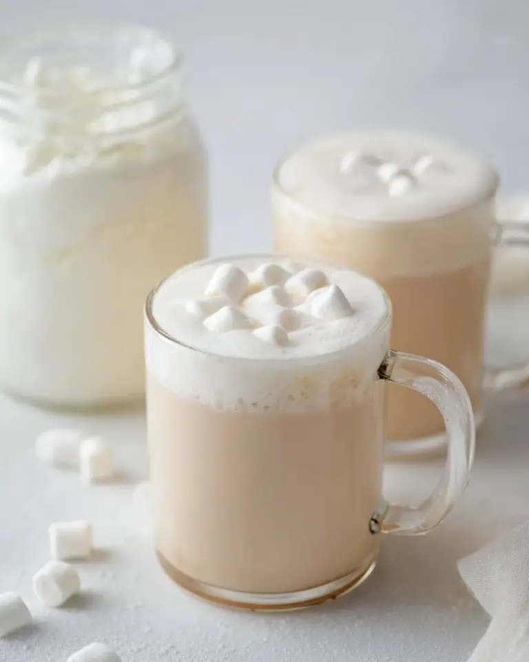 Delicious white hot chocolate mix in a cozy mug topped with whipped cream