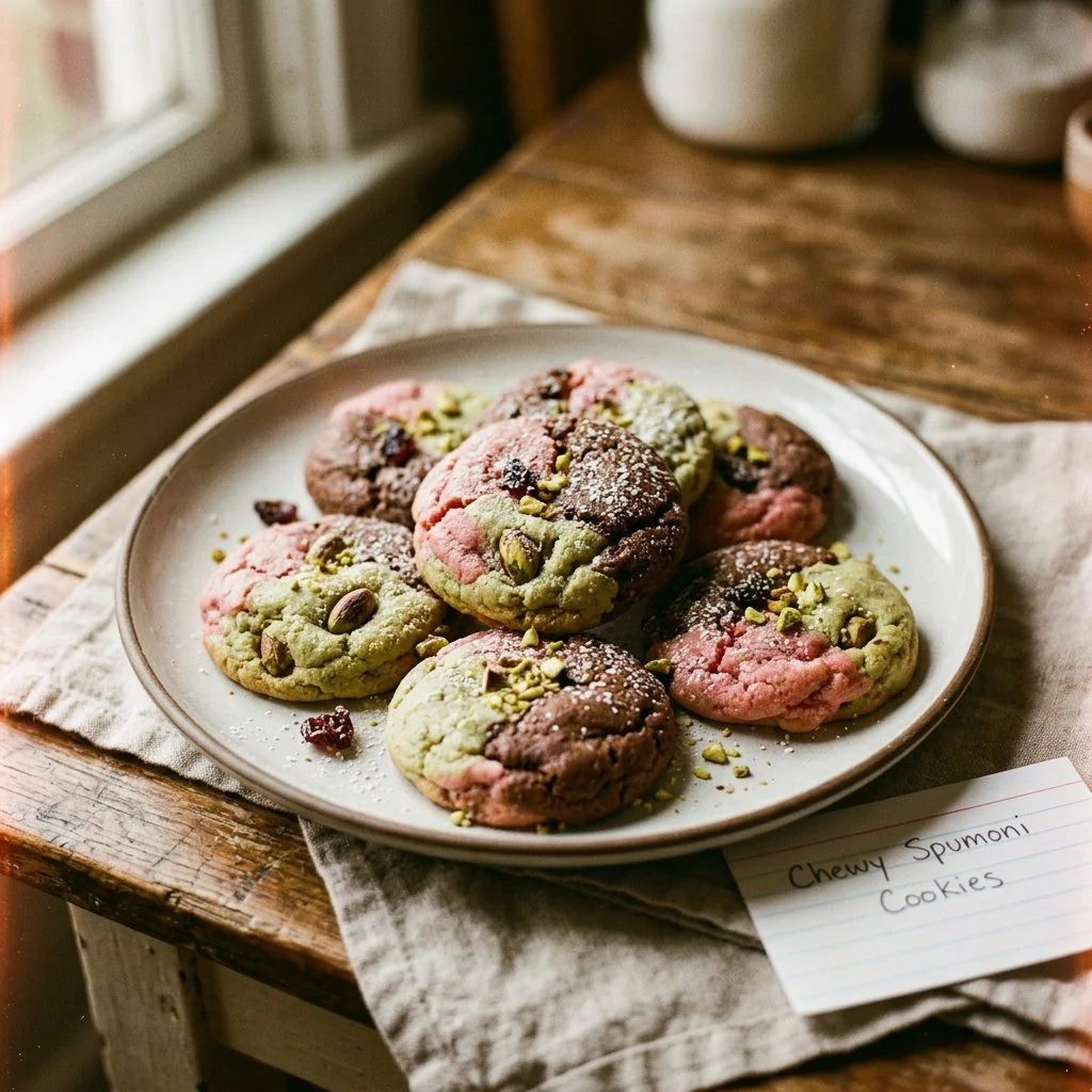 Chewy spumoni cookies with chocolate, cherry, and pistachio flavors