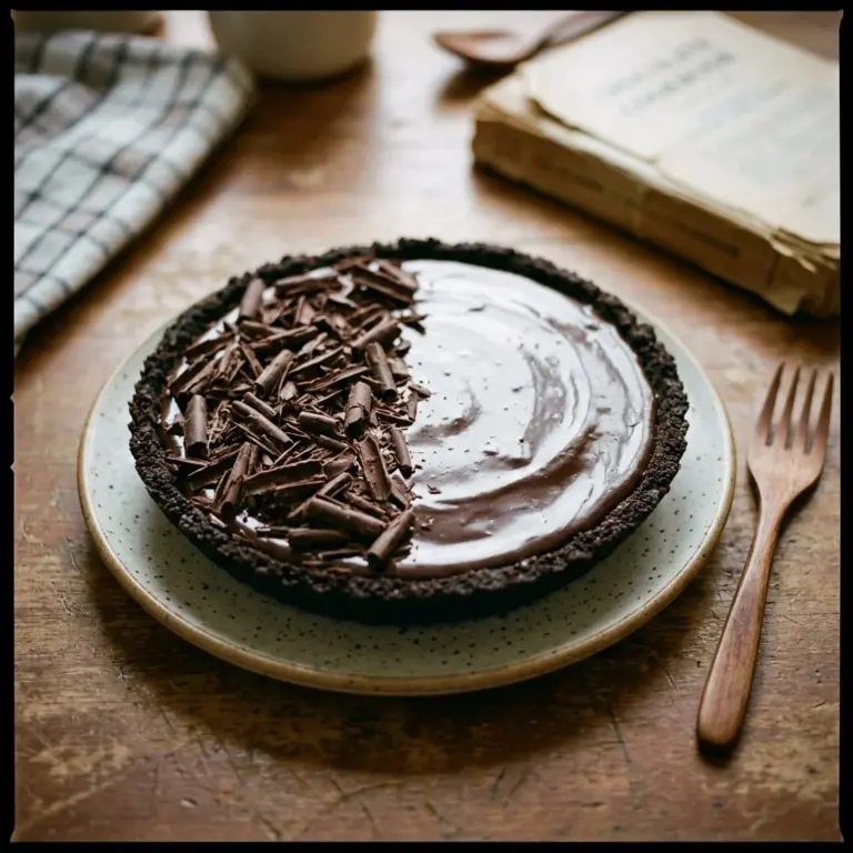 Delicious slice of Chocolate Bliss Pie topped with whipped cream and chocolate shavings.