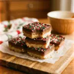 Plate of festive Christmas Cookie Bars decorated with holiday sprinkles