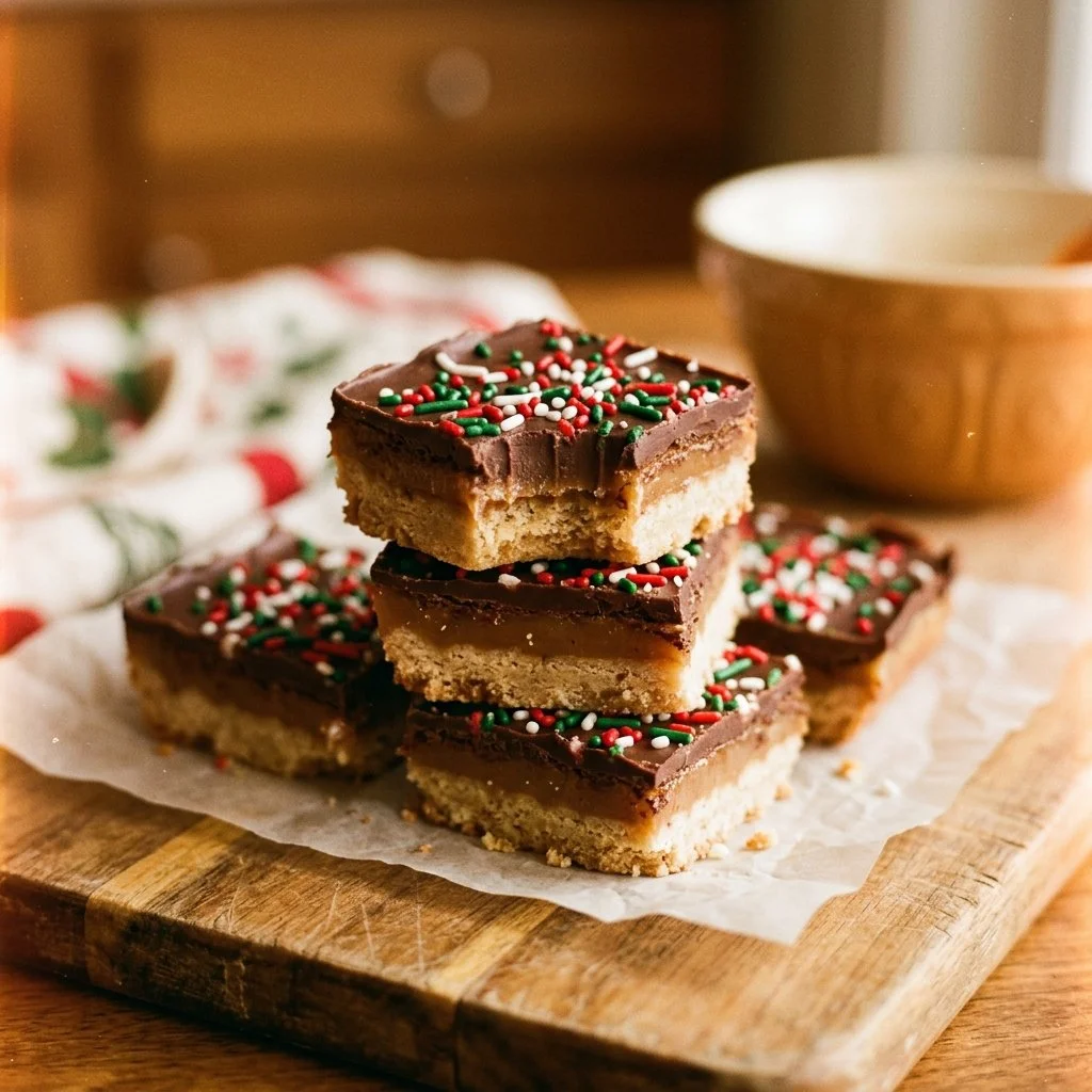 Plate of festive Christmas Cookie Bars decorated with holiday sprinkles