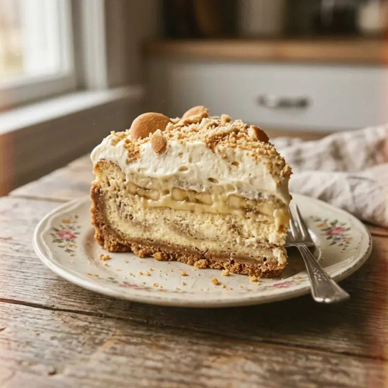 Slice of creamy banana pudding cheesecake garnished with whipped cream and banana slices