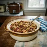 Delicious Crockpot Cabbage Roll Casserole served in a dish with fresh herbs