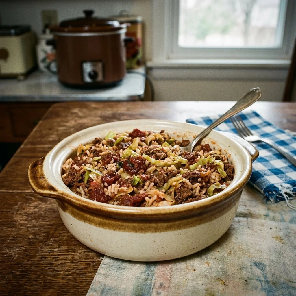 Delicious Crockpot Cabbage Roll Casserole served in a dish with fresh herbs