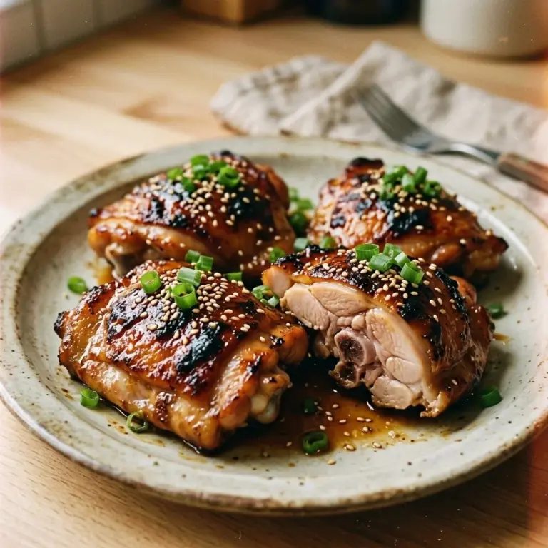 Bone in teriyaki chicken thighs garnished with sesame seeds and green onions