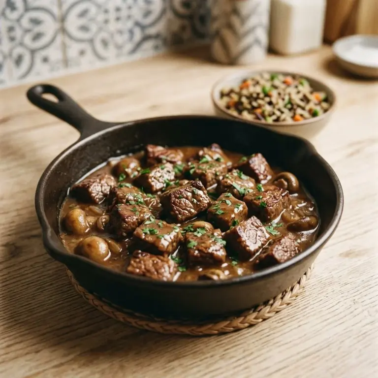 Delicious Crockpot Steak Bites served in a bowl with herbs.