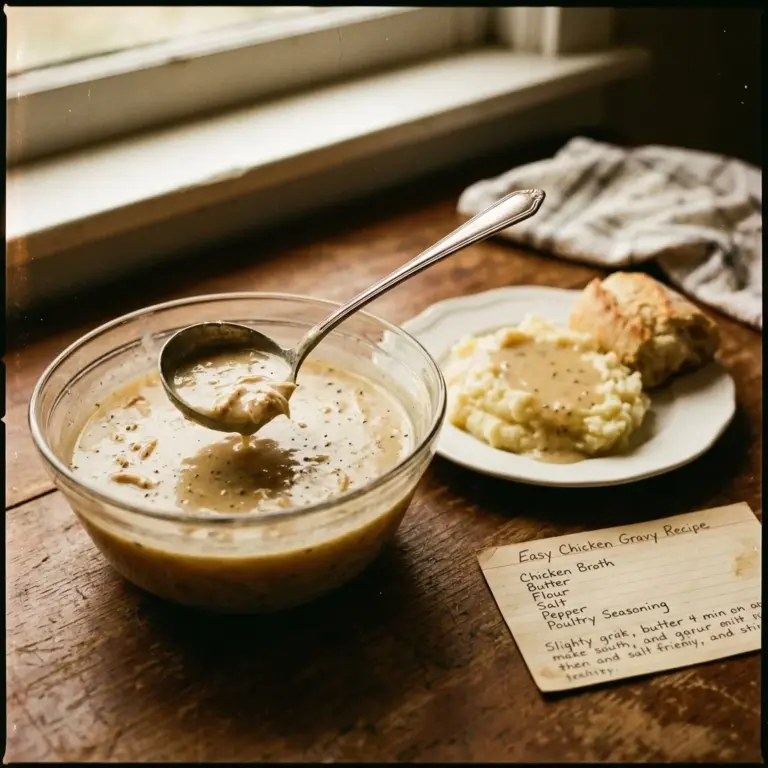 A bowl of homemade easy chicken gravy served over mashed potatoes.