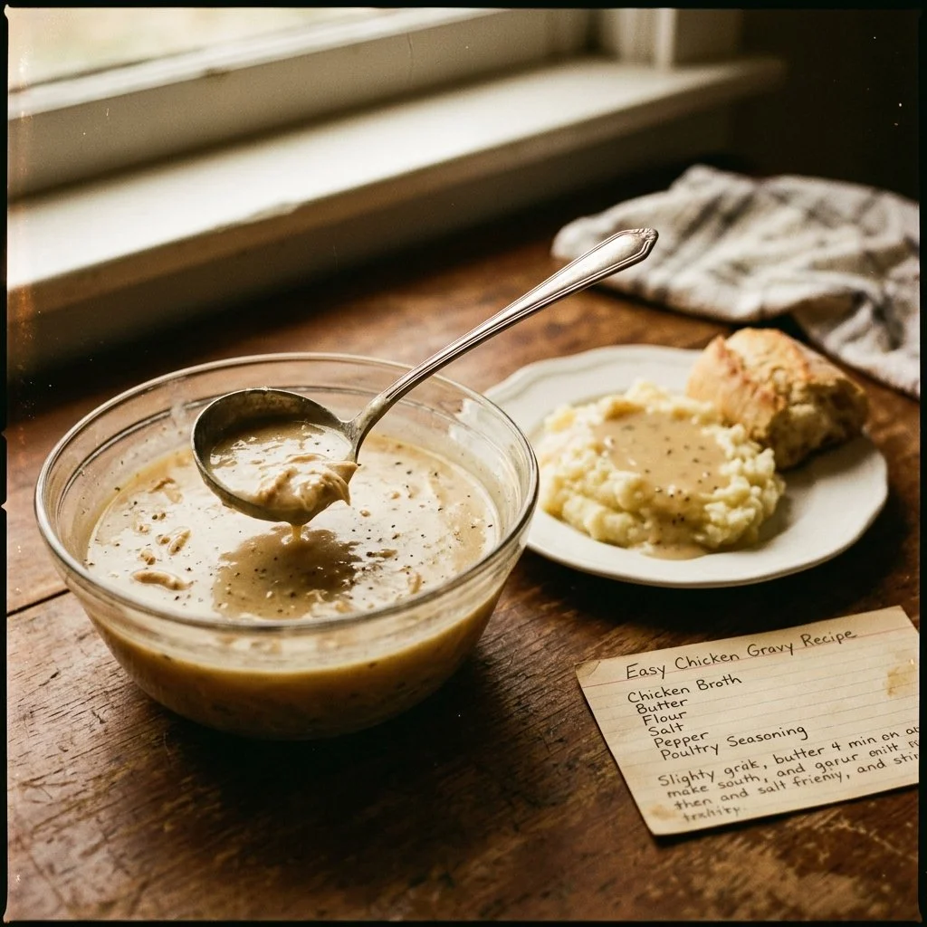 A bowl of homemade easy chicken gravy served over mashed potatoes.