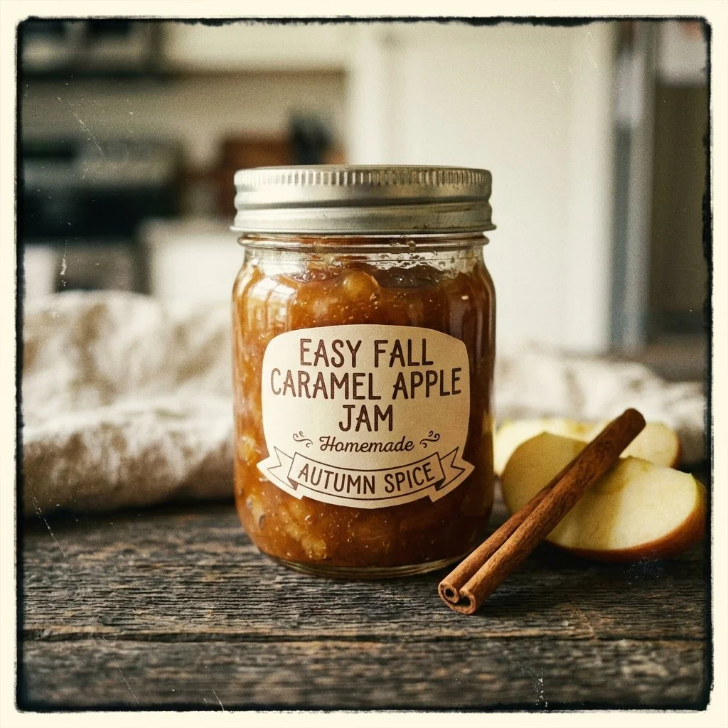 Homemade easy fall caramel apple jam in a jar with apples around it.