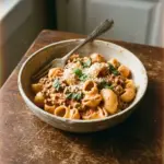 Bowl of easy Marry Me ground beef pasta topped with parmesan cheese and herbs