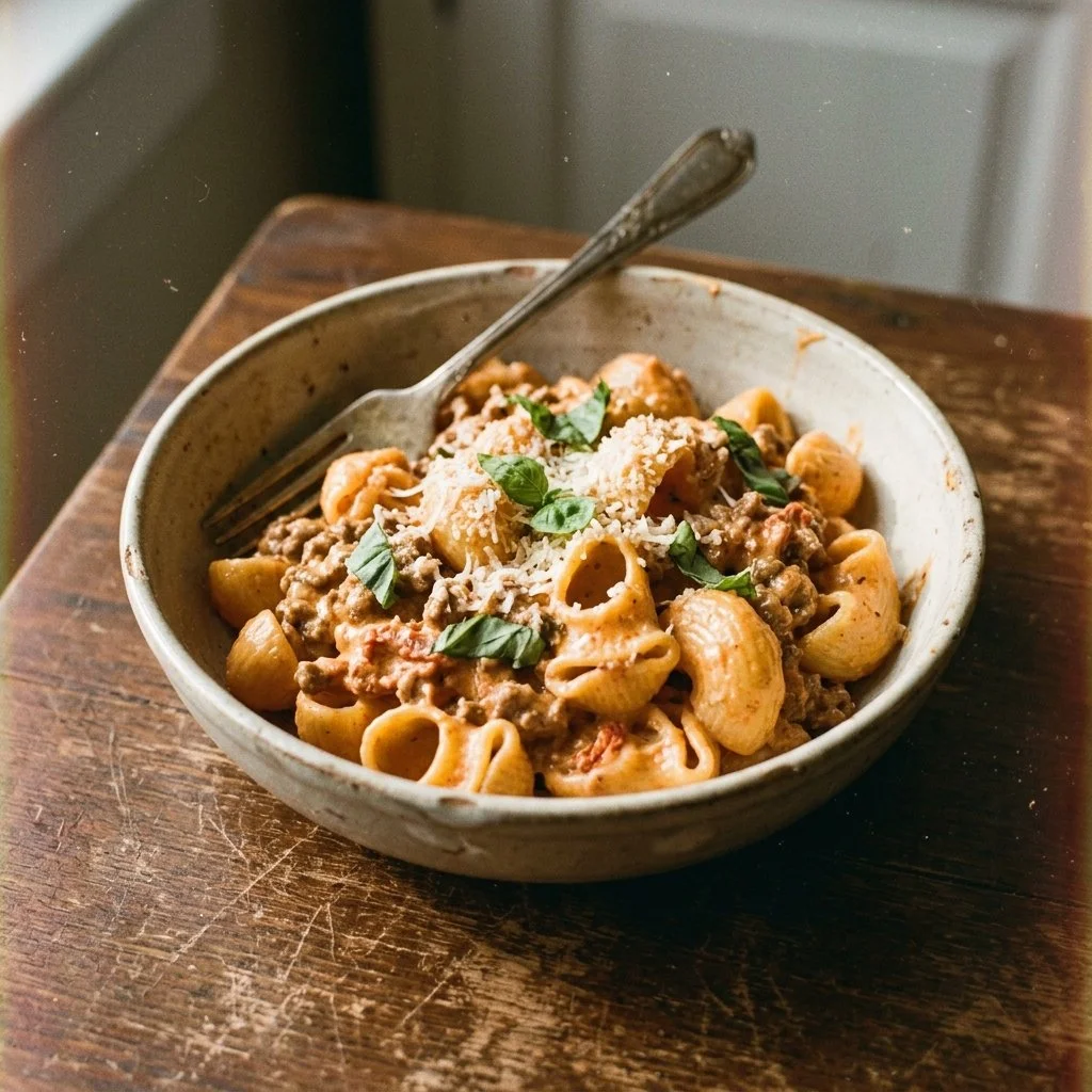 Bowl of easy Marry Me ground beef pasta topped with parmesan cheese and herbs