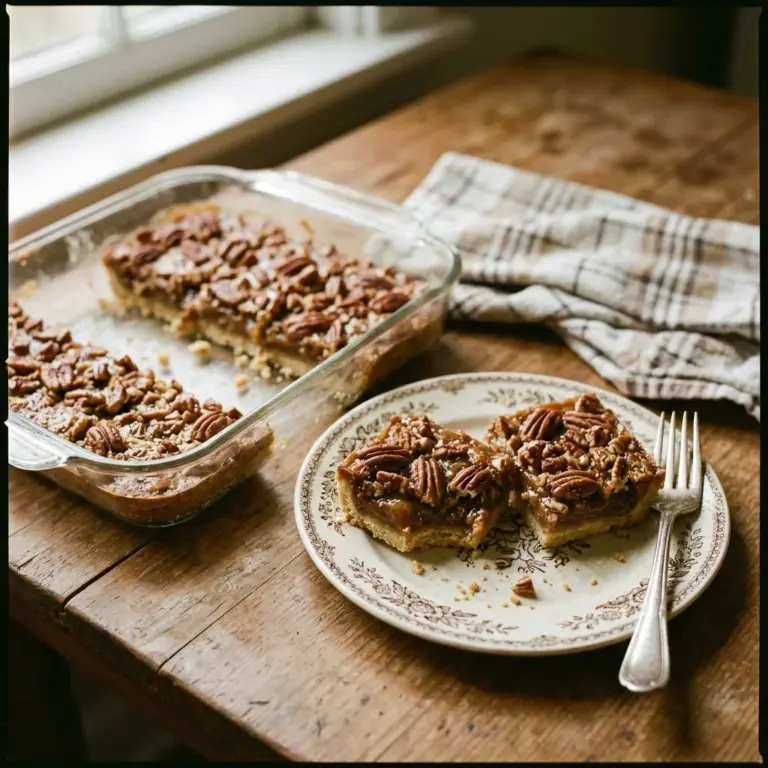 Delicious easy pecan pie bars topped with pecans and caramel glaze