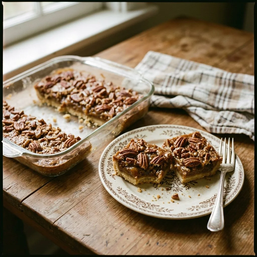 Delicious easy pecan pie bars topped with pecans and caramel glaze
