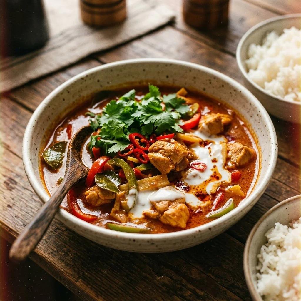 Bowl of Easy Thai Red Curry Chicken garnished with herbs and served with rice