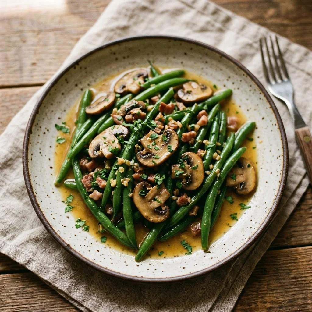Garlic butter sautéed green beans and mushrooms on a plate